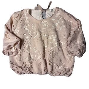 Verte Pink Floral Lace Balloon Blouse M/L Grosgrain Ribbon Tie Lined Boho